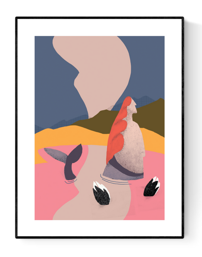A set of three modern mermaid-themed illustrations by Studio Frits, featuring abstract sirens in bold red, pink, and earth tones, printed on 30 x 40 cm fine art paper. Perfect wall art for modern interiors and design lovers.