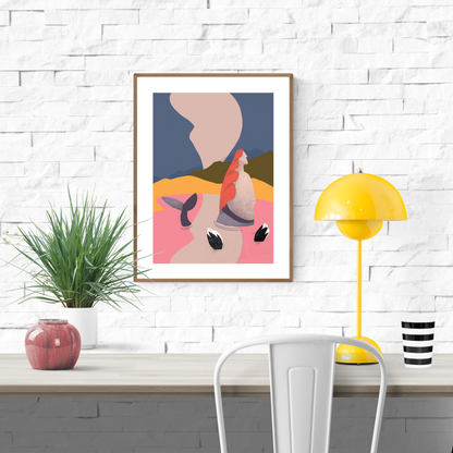 A set of three modern mermaid-themed illustrations by Studio Frits, featuring abstract sirens in bold red, pink, and earth tones, printed on 30 x 40 cm fine art paper. Perfect wall art for modern interiors and design lovers.