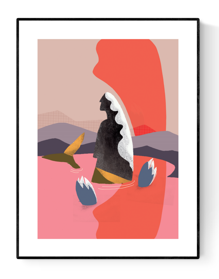 A set of three modern mermaid-themed illustrations by Studio Frits, featuring abstract sirens in bold red, pink, and earth tones, printed on 30 x 40 cm fine art paper. Perfect wall art for modern interiors and design lovers.