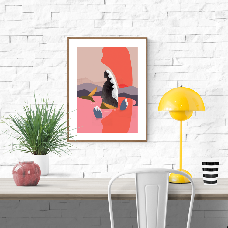 A set of three modern mermaid-themed illustrations by Studio Frits, featuring abstract sirens in bold red, pink, and earth tones, printed on 30 x 40 cm fine art paper. Perfect wall art for modern interiors and design lovers.