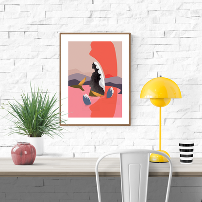 A set of three modern mermaid-themed illustrations by Studio Frits, featuring abstract sirens in bold red, pink, and earth tones, printed on 30 x 40 cm fine art paper. Perfect wall art for modern interiors and design lovers.