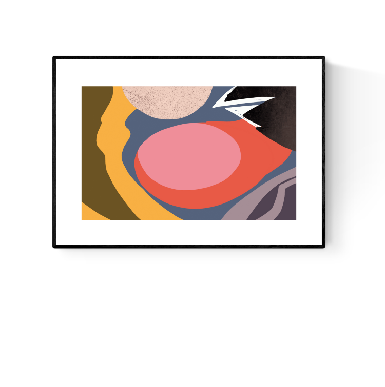 A modern abstract art print from the Mermaids Abstract series by Studio Frits, featuring bold organic shapes in earthy and coral tones, printed on premium 300g paper. Contemporary Belgian wall art set, ideal for minimalist interiors.