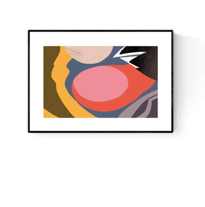 A modern abstract art print from the Mermaids Abstract series by Studio Frits, featuring bold organic shapes in earthy and coral tones, printed on premium 300g paper. Contemporary Belgian wall art set, ideal for minimalist interiors.