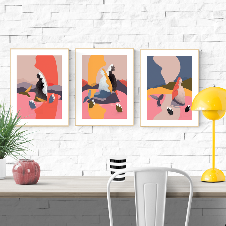 A set of three modern mermaid-themed illustrations by Studio Frits, featuring abstract sirens in bold red, pink, and earth tones, printed on 30 x 40 cm fine art paper. Perfect wall art for modern interiors and design lovers.