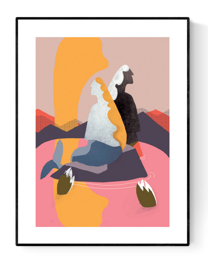 A set of three modern mermaid-themed illustrations by Studio Frits, featuring abstract sirens in bold red, pink, and earth tones, printed on 30 x 40 cm fine art paper. Perfect wall art for modern interiors and design lovers.