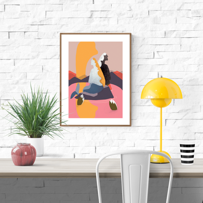 A set of three modern mermaid-themed illustrations by Studio Frits, featuring abstract sirens in bold red, pink, and earth tones, printed on 30 x 40 cm fine art paper. Perfect wall art for modern interiors and design lovers.