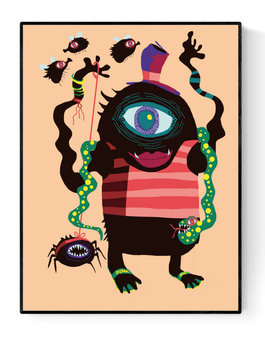 Colorful monster illustration titled "Gloria Alderidge" by Studio Frits – one-eyed creature with striped shirt, top hat, spiders, and flies – quirky art print for kids rooms or creative spaces
