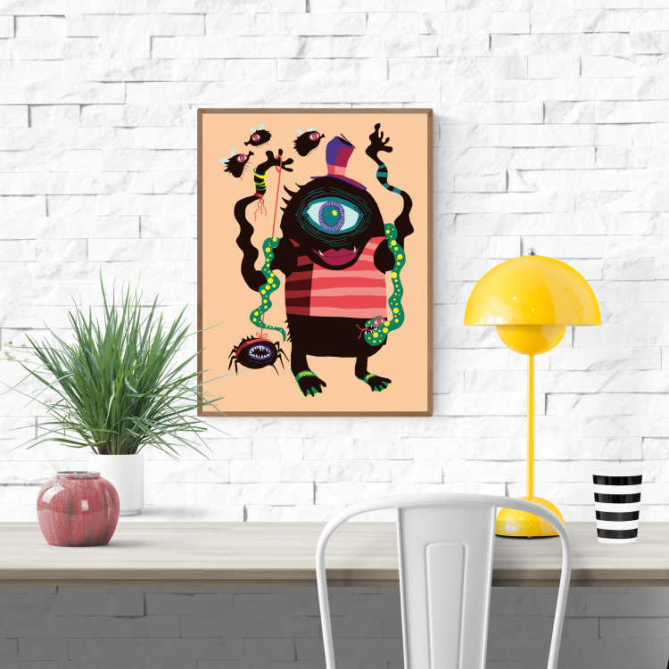 Colorful monster illustration titled "Gloria Alderidge" by Studio Frits – one-eyed creature with striped shirt, top hat, spiders, and flies – quirky art print for kids rooms or creative spaces