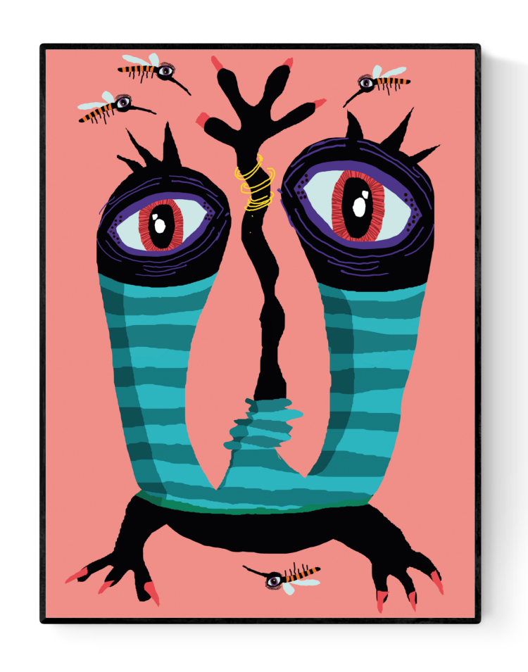 Colorful art print of a stylish monster named Milton Coldwell with striped teal limbs, large eyes, and small insects flying around, illustrated by Studio Frits. Printed on 350g paper and made in Belgium.