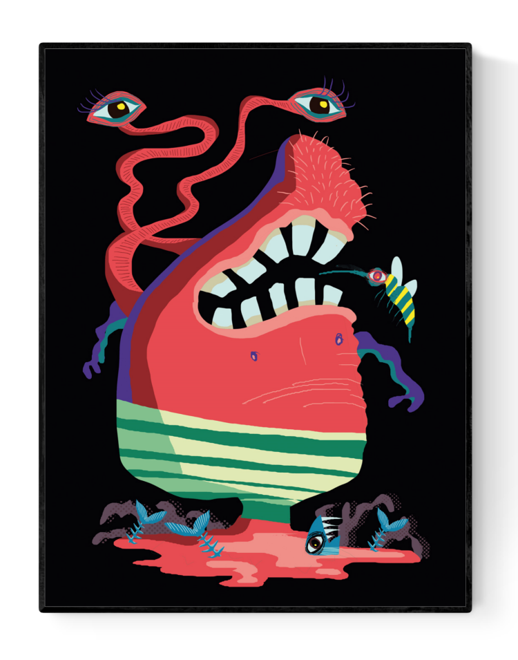 Surreal monster illustration of Primrose Harrington with bold colors, eyes, tentacles and teeth – Studio Frits art print on 350g paper, 30 x 40 cm, made in Belgium.