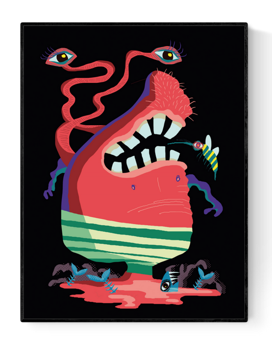 Surreal monster illustration of Primrose Harrington with bold colors, eyes, tentacles and teeth – Studio Frits art print on 350g paper, 30 x 40 cm, made in Belgium.