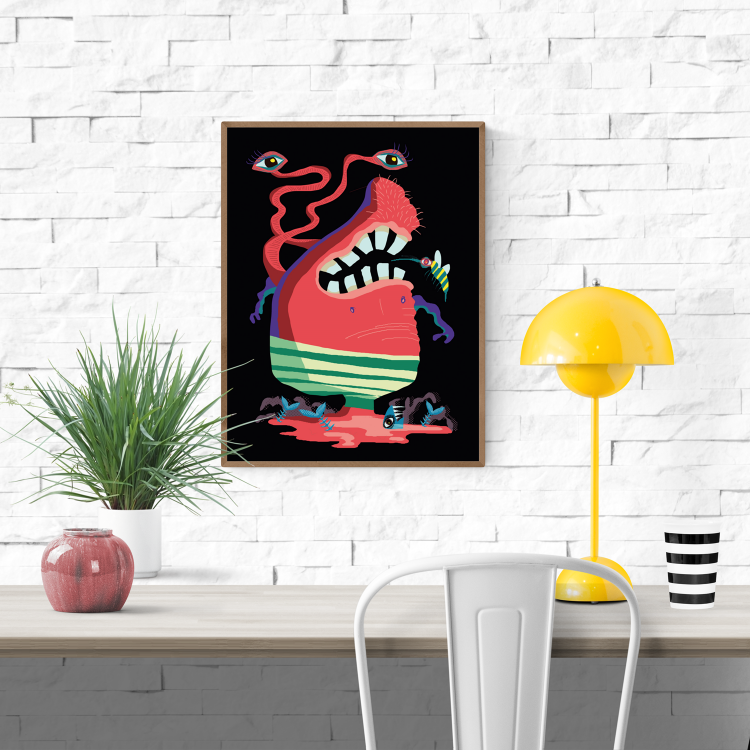 Surreal monster illustration of Primrose Harrington with bold colors, eyes, tentacles and teeth – Studio Frits art print on 350g paper, 30 x 40 cm, made in Belgium.