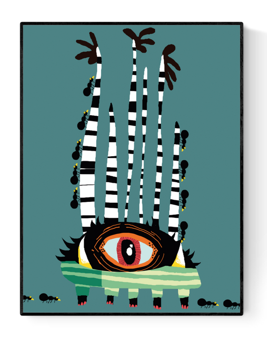 Surreal illustration of a monster with zebra-striped tentacles, one large eye, and small ants crawling on its body – Randolph Morgan by Studio Frits, 30 x 40 cm Belgian art print.