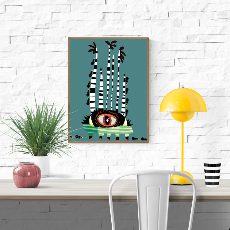 Surreal illustration of a monster with zebra-striped tentacles, one large eye, and small ants crawling on its body – Randolph Morgan by Studio Frits, 30 x 40 cm Belgian art print.