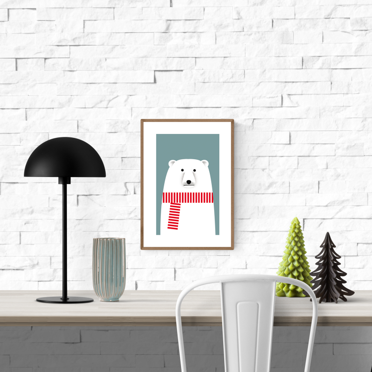 Minimalist illustration by Studio Frits of a charming polar bear wearing a bold red and white striped scarf against a soft blue background. Clean lines and Scandinavian-inspired design make this print a playful yet stylish addition to modern nurseries, seasonal decor, or minimalist art collections