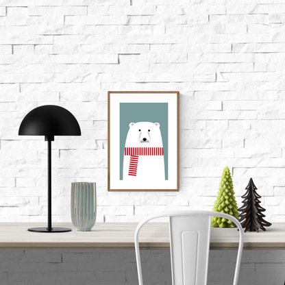 Minimalist illustration by Studio Frits of a charming polar bear wearing a bold red and white striped scarf against a soft blue background. Clean lines and Scandinavian-inspired design make this print a playful yet stylish addition to modern nurseries, seasonal decor, or minimalist art collections