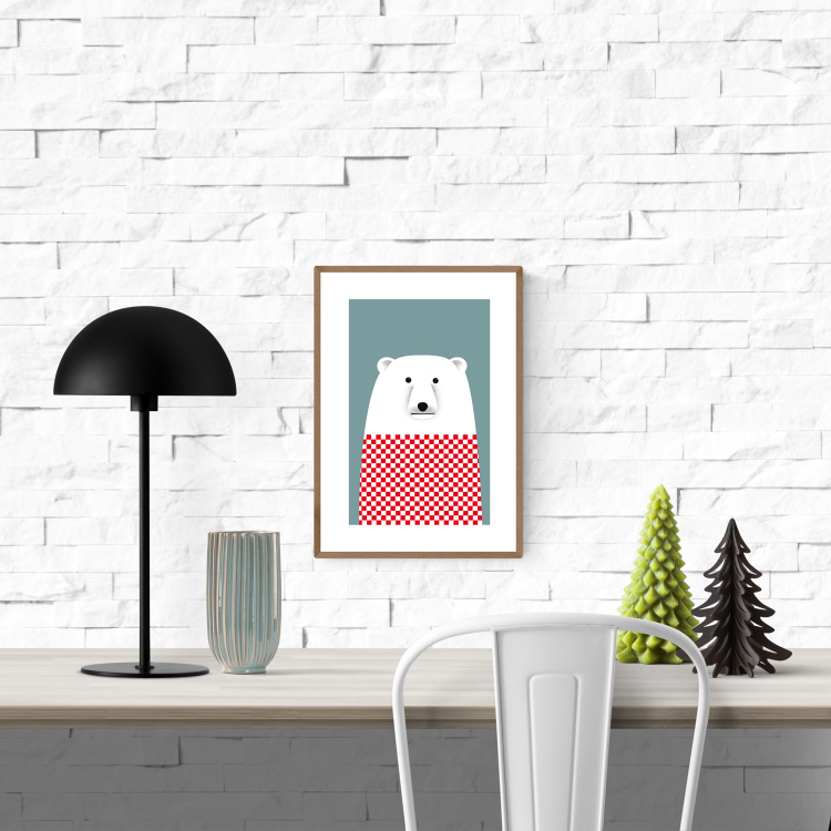 Minimalist art print ‘Derek the Polar Bear’ by Studio Frits featuring a white polar bear in a red and white checkered sweater against a muted teal background. Perfect for modern interiors, kids' rooms, and animal lovers. Available at Galerie Frits