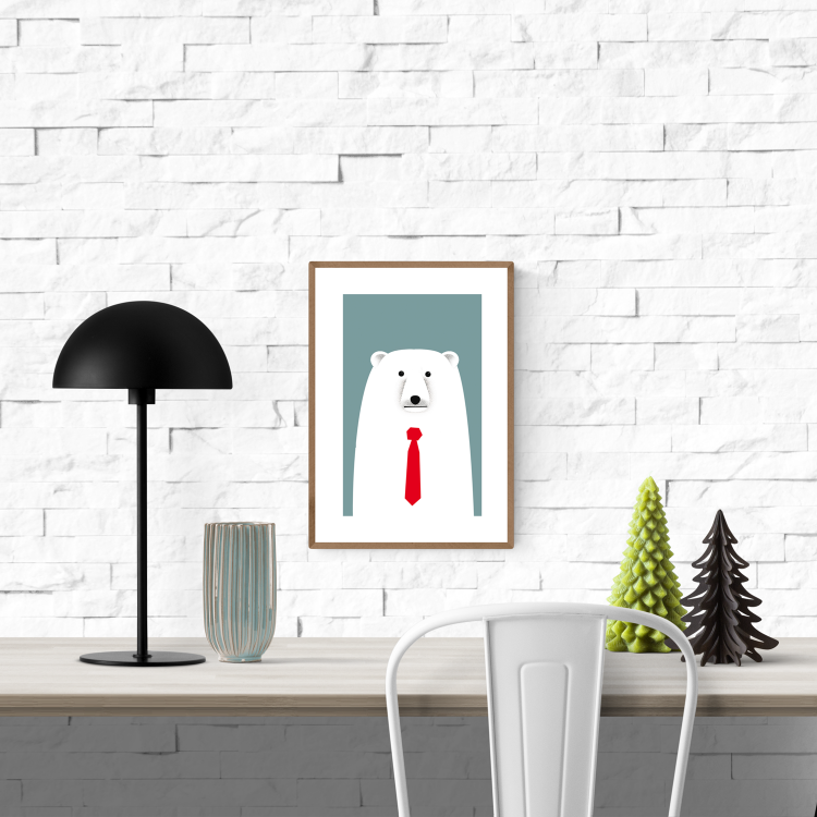 Minimalist polar bear art print wearing a red tie, modern A4 wall decor by Studio Frits, whimsical animal illustration printed on 300g paper – ideal for kids’ rooms or office walls