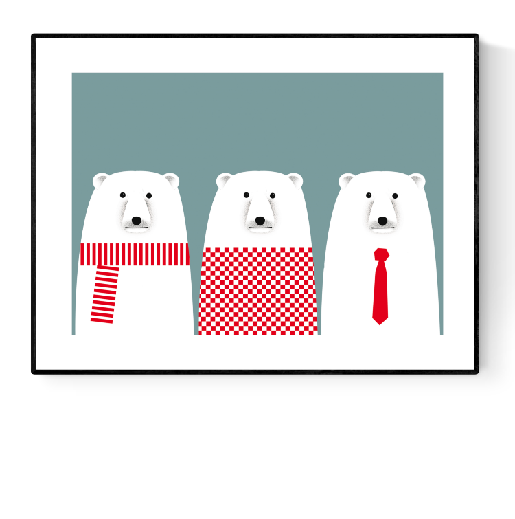 Minimalist illustration of three polar bears with red accessories – scarf, sweater, and tie – on a blue background. Polarbears by Studio Frits, 30 x 40 cm art print made in Belgium.