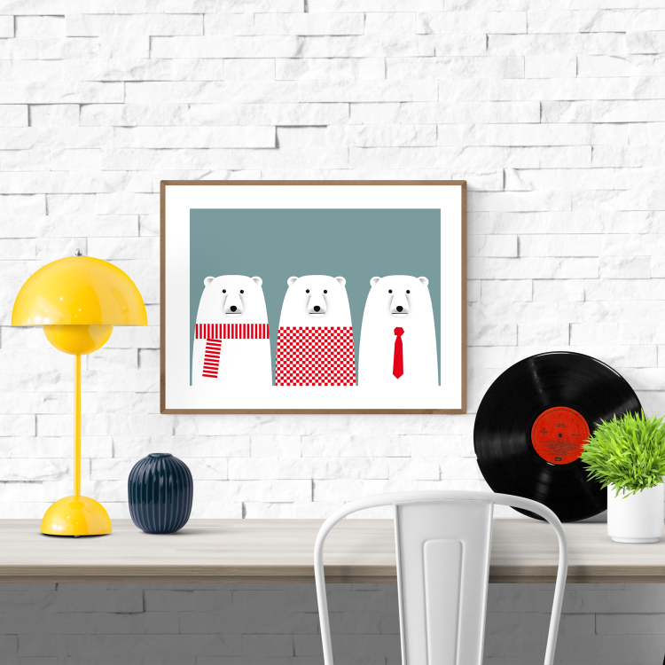Minimalist illustration of three polar bears with red accessories – scarf, sweater, and tie – on a blue background. Polarbears by Studio Frits, 30 x 40 cm art print made in Belgium.