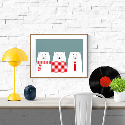 Minimalist illustration of three polar bears with red accessories – scarf, sweater, and tie – on a blue background. Polarbears by Studio Frits, 30 x 40 cm art print made in Belgium.