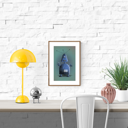 Blue Robot by Studio Frits – whimsical retro-style robot illustration with antennas and claw hands, digital art print for kids’ rooms or modern decor, available at Galerie Frits