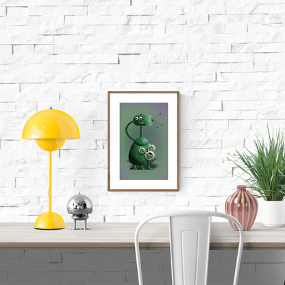 Playful green robot illustration by Studio Frits – A4 retro sci-fi art print with gears and antennas on 300g paper, perfect for kids' rooms and tech-themed decor