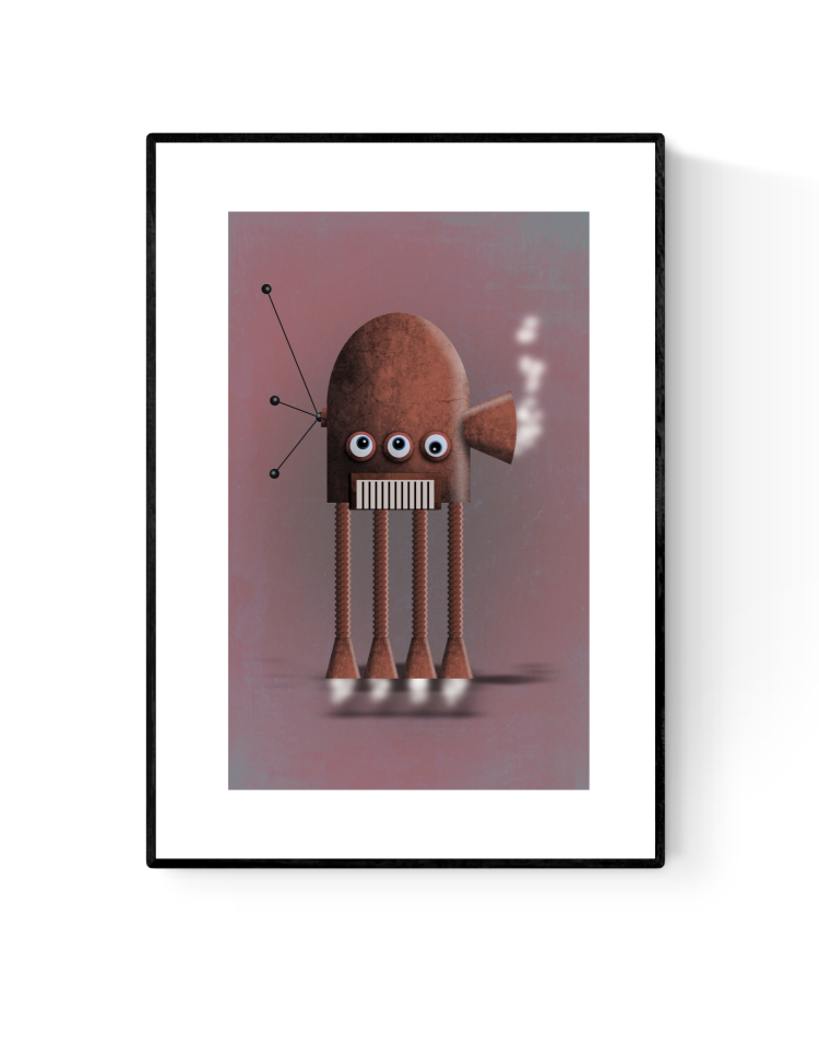 Illustration of a red vintage-style robot with four spring legs and antennas on a muted background – Red Robot by Studio Frits, A4 art print made in Belgium.