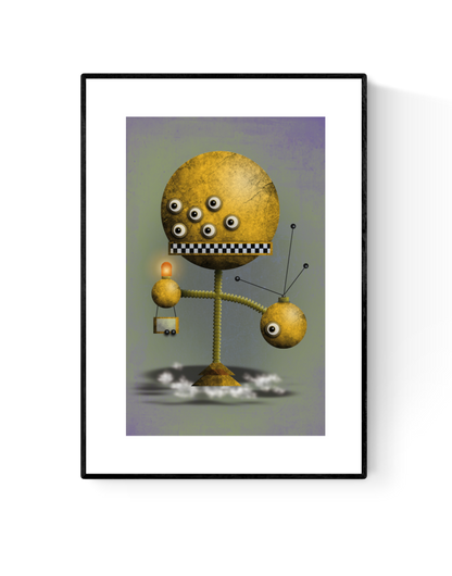 "Yellow Robot" art print by Studio Frits featuring a surreal yellow robot with multiple eyes and mechanical limbs floating above clouds. Printed on high-quality 300g paper, perfect for fans of quirky sci-fi illustration.