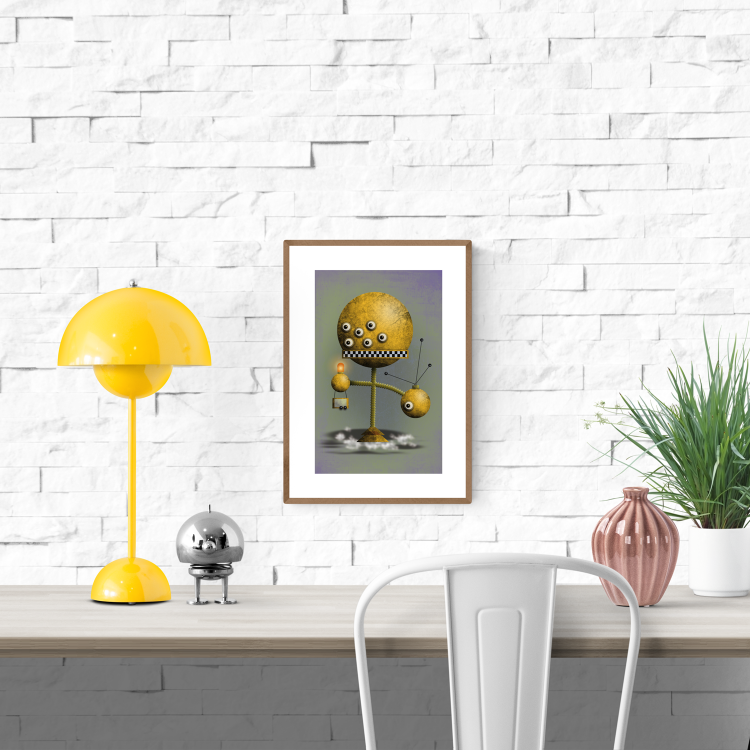 "Yellow Robot" art print by Studio Frits featuring a surreal yellow robot with multiple eyes and mechanical limbs floating above clouds. Printed on high-quality 300g paper, perfect for fans of quirky sci-fi illustration.