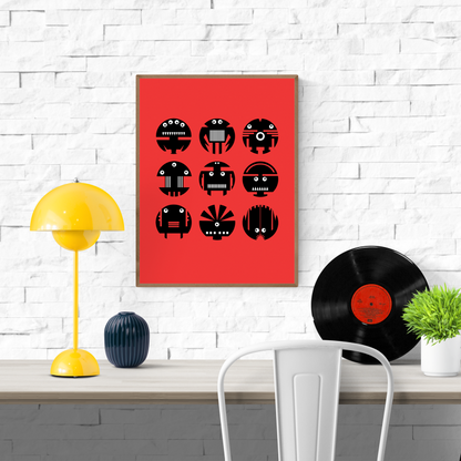 Colorful geometric illustration of nine unique black-and-white robot faces on a bold red background – Robots by Studio Frits, 30 x 40 cm modern art print for playful interiors.
