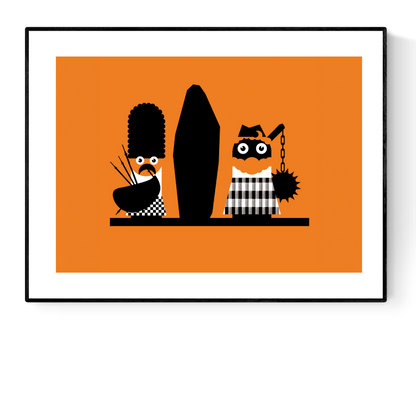 Graphic art print of two stylized Scottish characters in black-and-white costumes with orange background – minimalist and playful design by Studio Frits.
