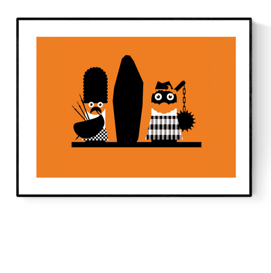 Graphic art print of two stylized Scottish characters in black-and-white costumes with orange background – minimalist and playful design by Studio Frits.