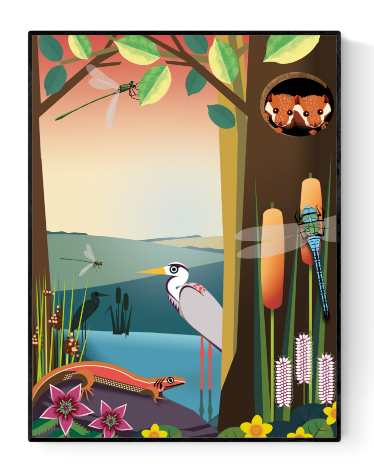 Digital art print “Waterfront in Spring” by Studio Frits featuring a colorful lakeside scene with animals like a heron, dragonflies, lizard, and foxes in a blooming spring forest. Printed on 350g paper in Belgium.
