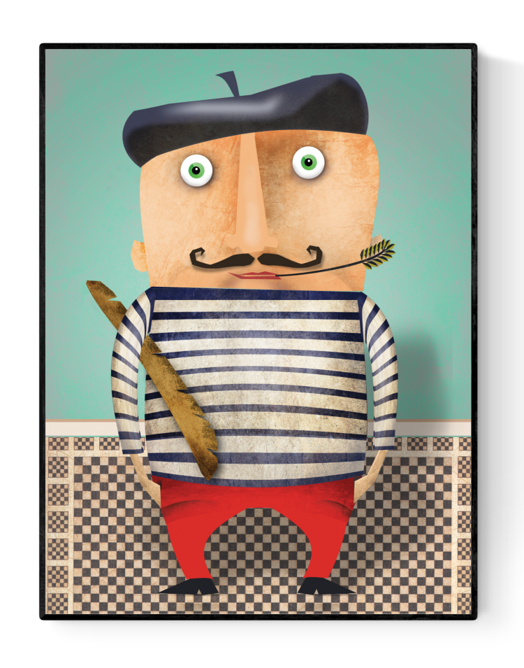 Colorful illustration of a French caricature man in a striped shirt and red pants, holding a baguette and wearing a beret, by Studio Frits – perfect for wall decor and cultural lovers.
