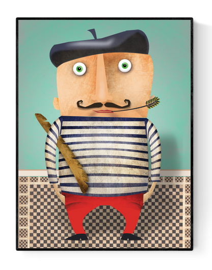 Colorful illustration of a French caricature man in a striped shirt and red pants, holding a baguette and wearing a beret, by Studio Frits – perfect for wall decor and cultural lovers.