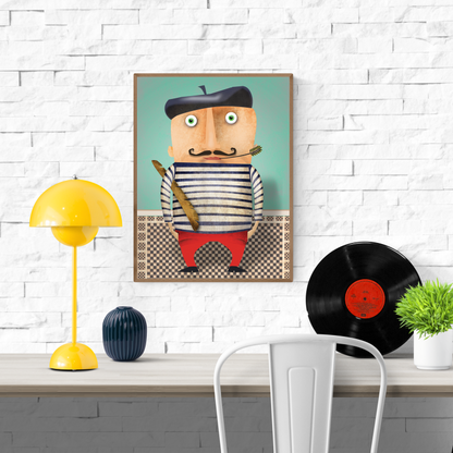 Colorful illustration of a French caricature man in a striped shirt and red pants, holding a baguette and wearing a beret, by Studio Frits – perfect for wall decor and cultural lovers.