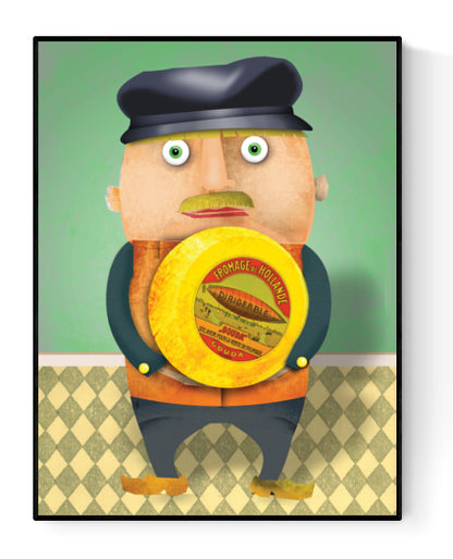 Dutch character illustration of a man holding a large cheese wheel, created by Gert Paenen for Studio Frits. A playful tribute to the Netherlands, printed on high-quality paper. Perfect for Dutch-themed interiors or kitchen decor. 30 x 40 cm art print.