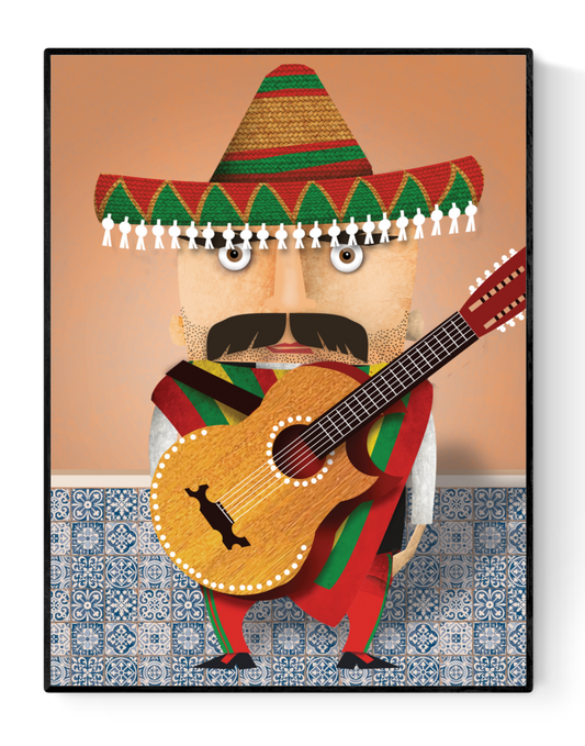Humorous illustration of Señor Gonzales, a stereotypical Mexican character wearing a sombrero and holding a guitar, part of the Proud People series by Studio Frits – colorful art print on 30 x 40 cm sturdy paper, made in Belgium.