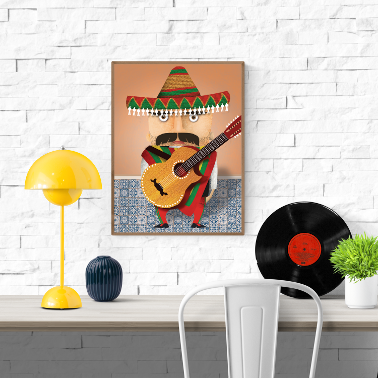 Humorous illustration of Señor Gonzales, a stereotypical Mexican character wearing a sombrero and holding a guitar, part of the Proud People series by Studio Frits – colorful art print on 30 x 40 cm sturdy paper, made in Belgium.