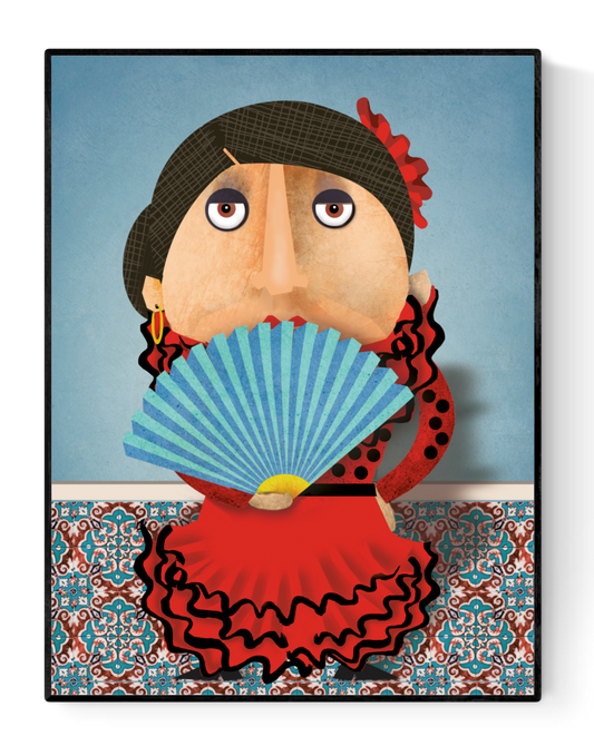 Colorful illustration of a Spanish woman stereotype in a bright red flamenco dress holding a blue fan, part of the Proud People collection by Studio Frits. Illustrated by Gert Paenen, perfect for character art lovers and pop culture decor.