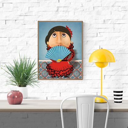 Colorful illustration of a Spanish woman stereotype in a bright red flamenco dress holding a blue fan, part of the Proud People collection by Studio Frits. Illustrated by Gert Paenen, perfect for character art lovers and pop culture decor.