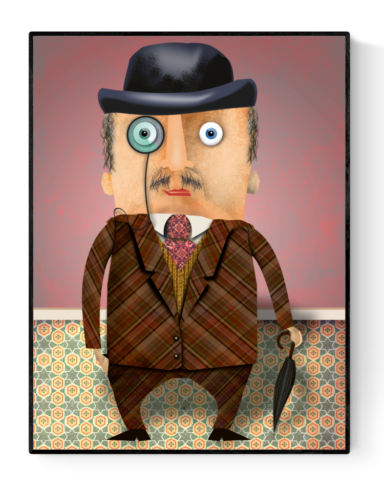 Illustration of Mister Miller, a cartoon British gentleman with a monocle, bowler hat, plaid suit, and umbrella. Printed on high-quality 30 x 40 cm paper by Studio Frits.