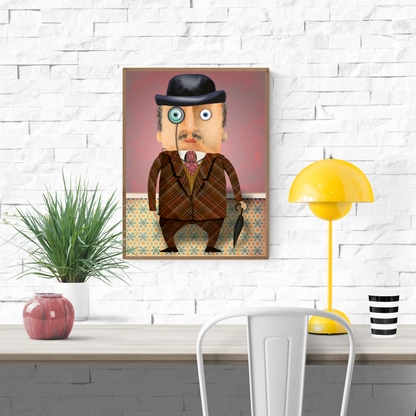 Illustration of Mister Miller, a cartoon British gentleman with a monocle, bowler hat, plaid suit, and umbrella. Printed on high-quality 30 x 40 cm paper by Studio Frits.