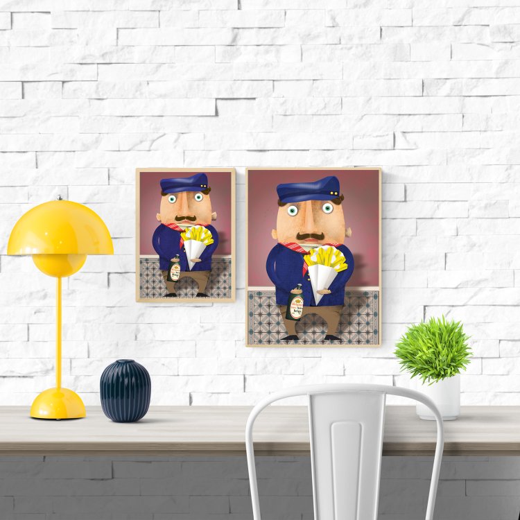 Humorous illustration of a mustached Belgian man holding a cone of fries and a bottle of Belgian beer, wearing a sailor cap and blue jacket, standing on patterned tiles – art print by Studio Frits.