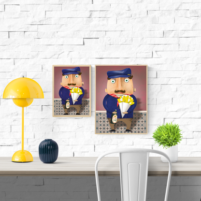 Humorous illustration of a mustached Belgian man holding a cone of fries and a bottle of Belgian beer, wearing a sailor cap and blue jacket, standing on patterned tiles – art print by Studio Frits.