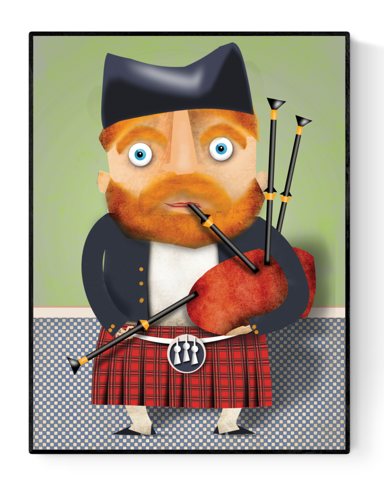 Colorful art print of Mister MacIver, a cartoonish Scottish man in a kilt playing the bagpipes, illustrated by Studio Frits. Printed on 30 x 40 cm premium paper, made in Belgium.