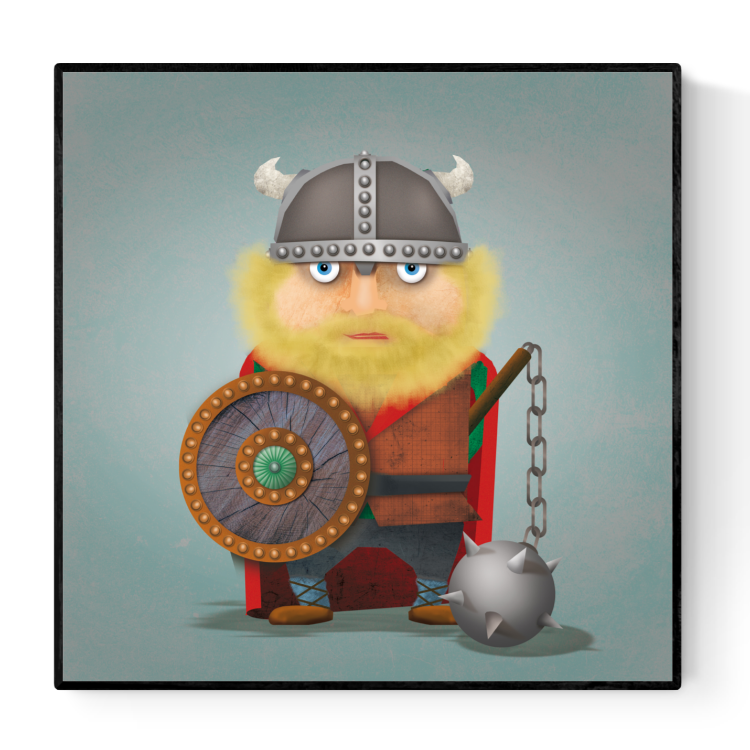 Funny cartoon illustration of a Viking warrior with a blond beard, horned helmet, shield, and spiked mace, titled “Harald the Viking” by Studio Frits – 30 x 30 cm art print.