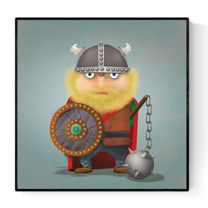 Funny cartoon illustration of a Viking warrior with a blond beard, horned helmet, shield, and spiked mace, titled “Harald the Viking” by Studio Frits – 30 x 30 cm art print.