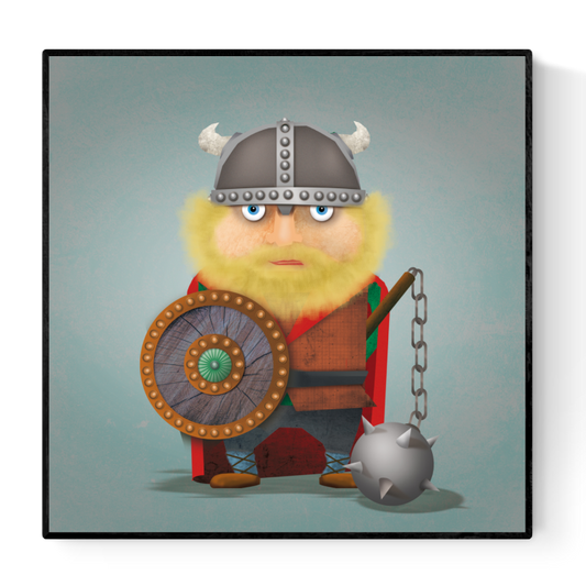 Funny cartoon illustration of a Viking warrior with a blond beard, horned helmet, shield, and spiked mace, titled “Harald the Viking” by Studio Frits – 30 x 30 cm art print.